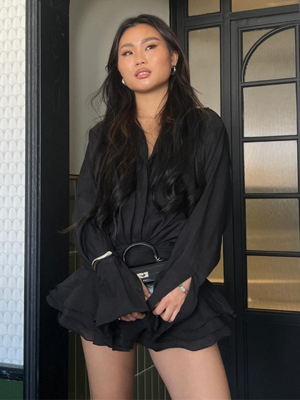 Blue Zone Planet | Linda's Ruffled White V-Neck 3D Flower Mini Shirt Dress BLUE ZONE PLANET