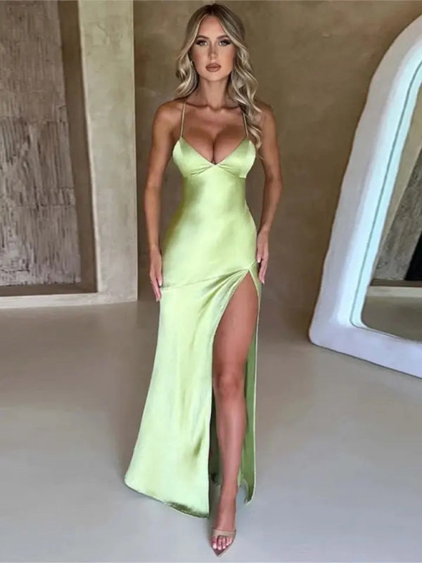 Blue Zone Planet | Women's suspender V-neck satin slit sexy backless long dress BLUE ZONE PLANET