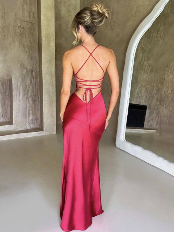 Blue Zone Planet | Women's suspender V-neck satin slit sexy backless long dress BLUE ZONE PLANET