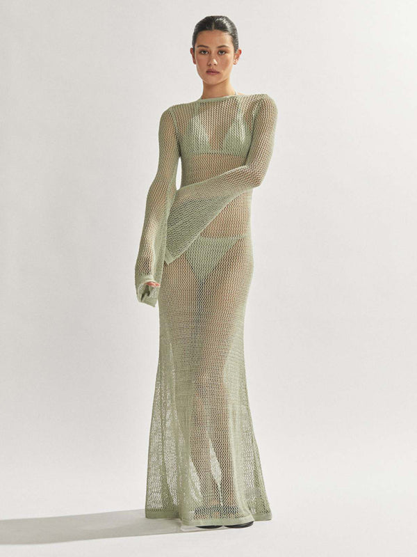 Blue Zone Planet |  Andrea's knitted long-sleeved backless see-through floor-length beach cover-up dress BLUE ZONE PLANET