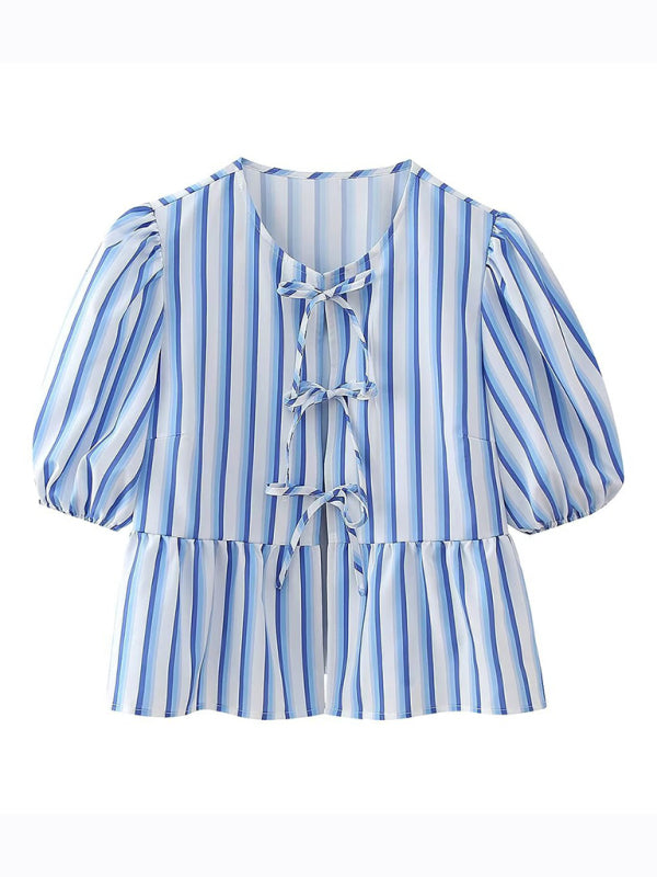 Emily's Multi-Color Puff Sleeve Lace-Up Crop Top BLUE ZONE PLANET