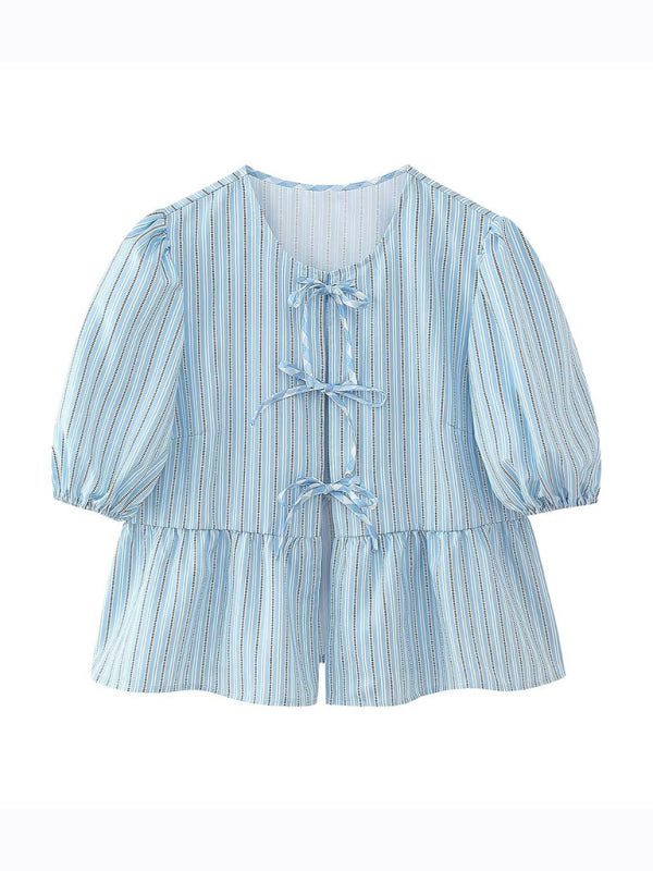 Emily's Multi-Color Puff Sleeve Lace-Up Crop Top BLUE ZONE PLANET