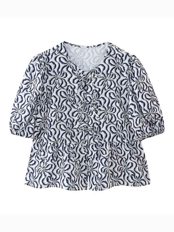 Emily's Multi-Color Puff Sleeve Lace-Up Crop Top BLUE ZONE PLANET