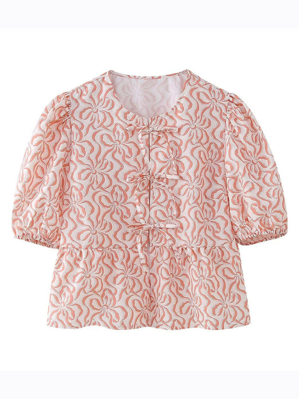 Emily's Multi-Color Puff Sleeve Lace-Up Crop Top BLUE ZONE PLANET