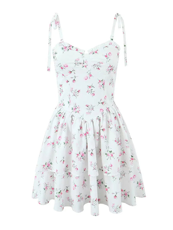 Lace printed lace-up layered waist spaghetti strap dress BLUE ZONE PLANET