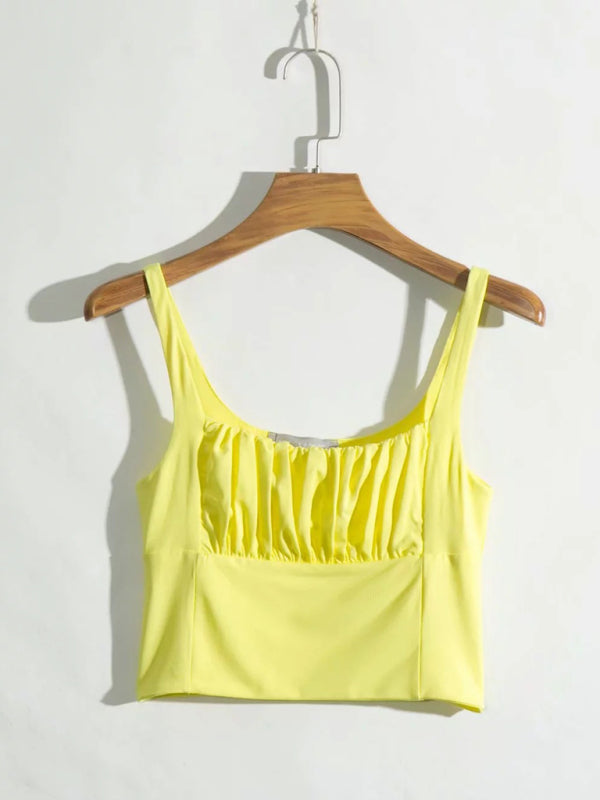 Ella's retro square neck pleated spaghetti strap crop top BLUE ZONE PLANET