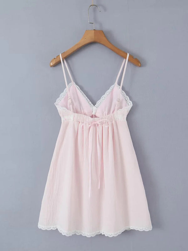 lace lace sweet and pure French V-neck spaghetti strap short dress BLUE ZONE PLANET