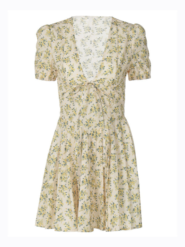 Deep V Slim Waist Short Sleeve Medium Pleated Floral Dress BLUE ZONE PLANET