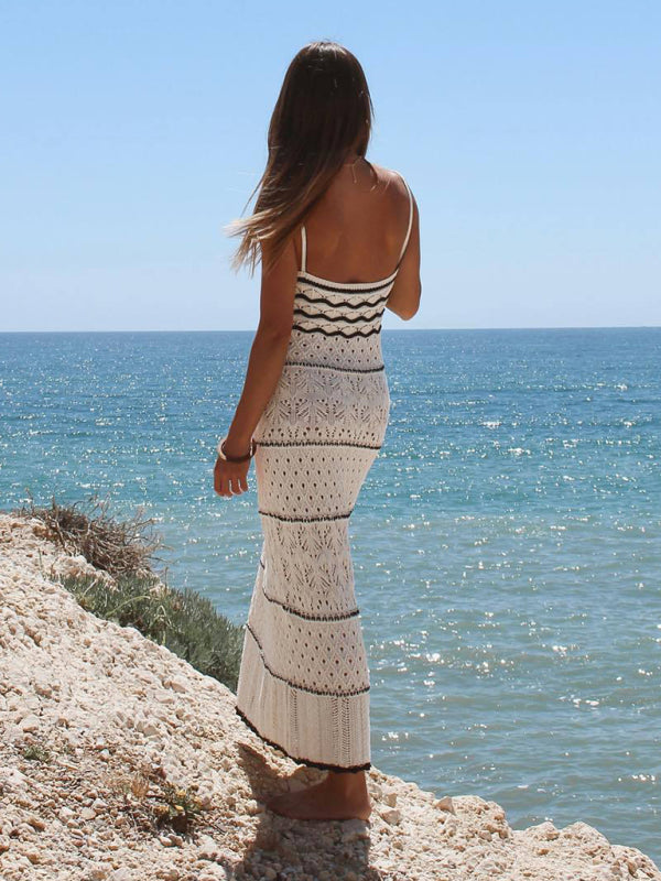 Elizabeth's Knitted Hollow Spaghetti Strap Floor-Length Dress BLUE ZONE PLANET