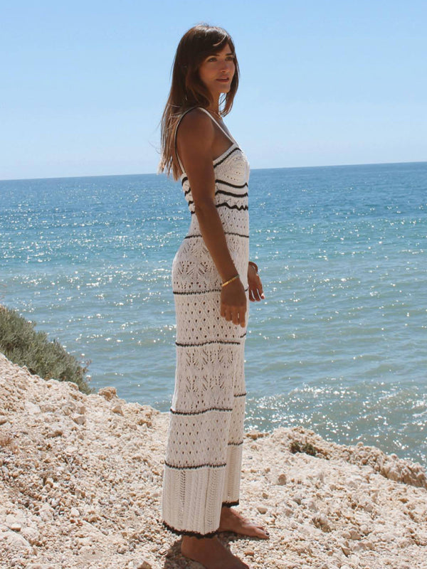 Elizabeth's Knitted Hollow Spaghetti Strap Floor-Length Dress BLUE ZONE PLANET