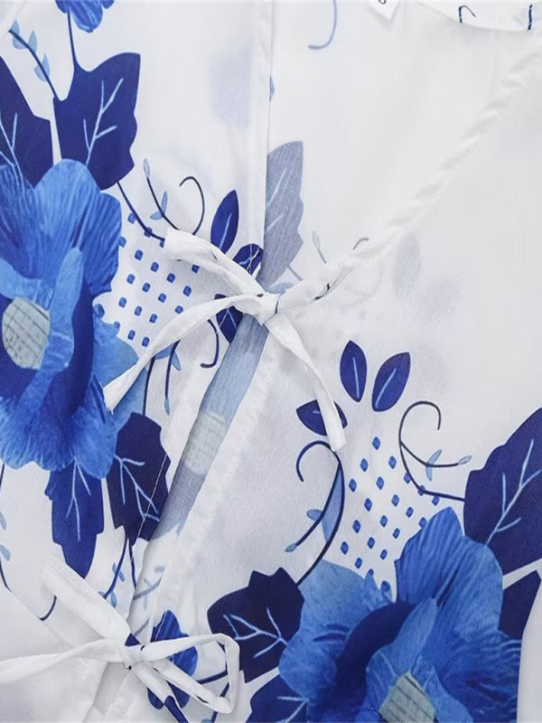 Irregular floral print V-neck short-sleeved bow-detailed lace-up crop top BLUE ZONE PLANET
