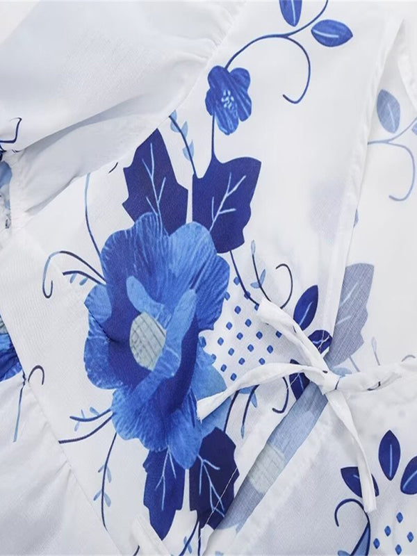 Irregular floral print V-neck short-sleeved bow-detailed lace-up crop top BLUE ZONE PLANET
