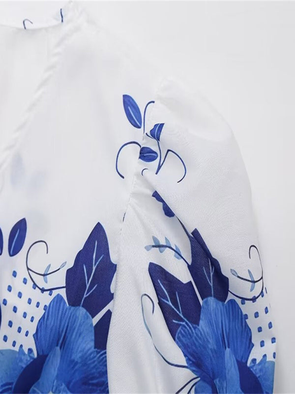 Irregular floral print V-neck short-sleeved bow-detailed lace-up crop top BLUE ZONE PLANET