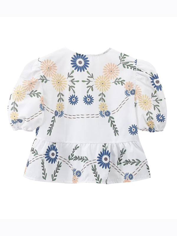 Irregular floral print V-neck short-sleeved bow-detailed lace-up crop top BLUE ZONE PLANET