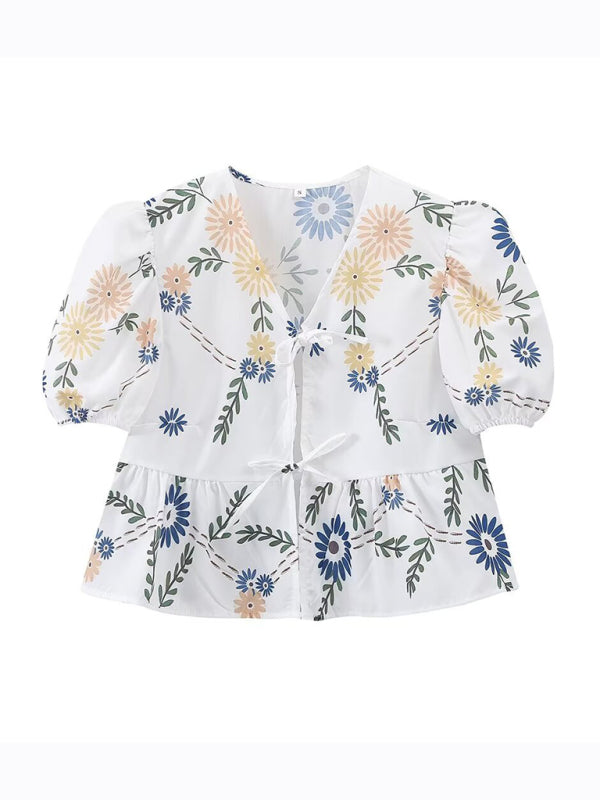 Irregular floral print V-neck short-sleeved bow-detailed lace-up crop top BLUE ZONE PLANET