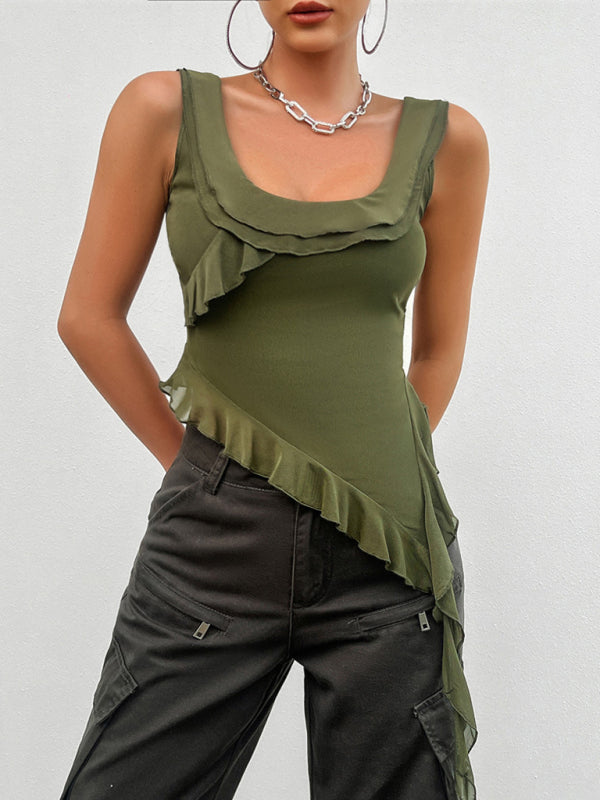 Blue Zone Planet | solid color sleeveless U-neck mesh top BLUE ZONE PLANET