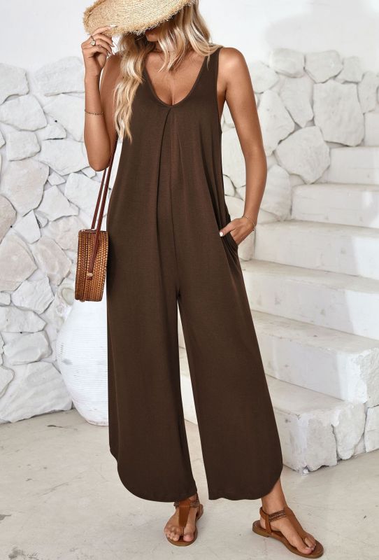 Blue Zone Planet | sleeveless V-neck wide-leg jumpsuit with pockets-[Adult]-[Female]-Coffee-S-2022 Online Blue Zone Planet