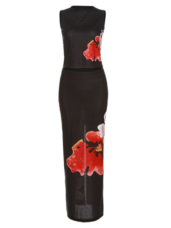 Blue Zone Planet | able sleeveless printed T-shirt slim fit hip-hugging slit skirt suit BLUE ZONE PLANET