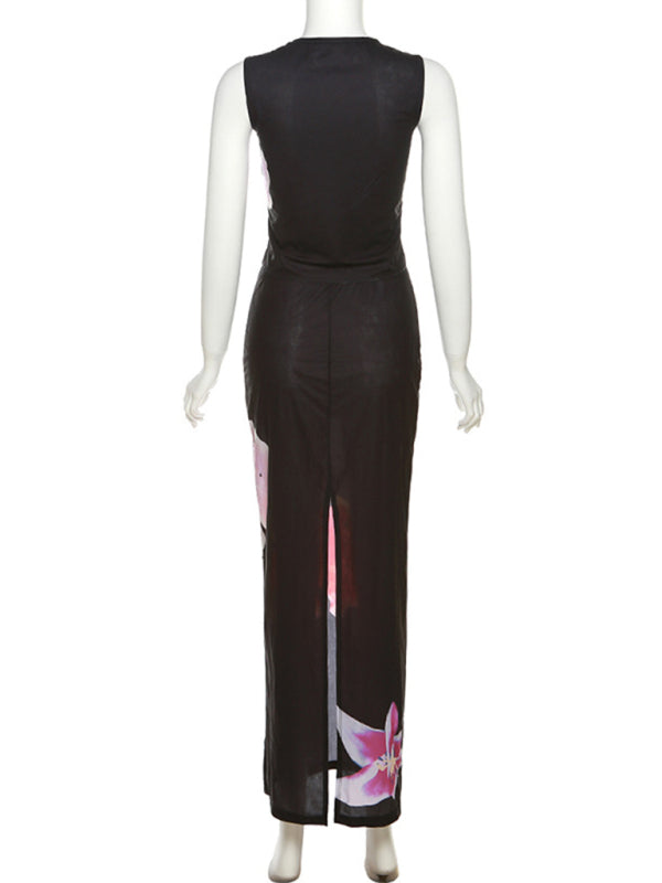 Blue Zone Planet | able sleeveless printed T-shirt slim fit hip-hugging slit skirt suit BLUE ZONE PLANET