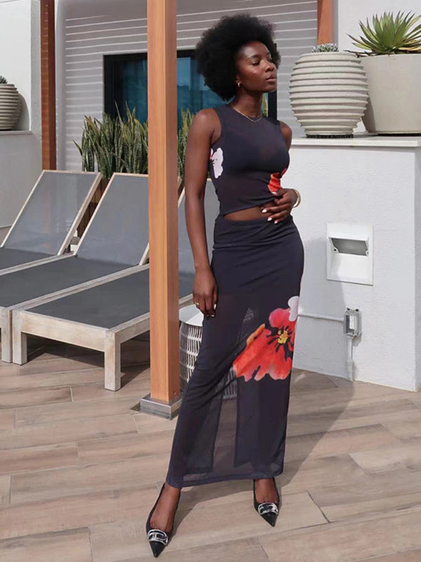 Blue Zone Planet | able sleeveless printed T-shirt slim fit hip-hugging slit skirt suit BLUE ZONE PLANET
