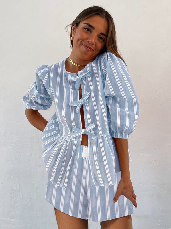 Blue Zone Planet | Lissa's striped lace mid-sleeve loose patchwork shirt BLUE ZONE PLANET