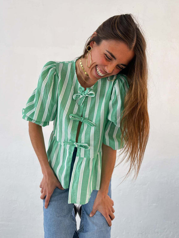 Blue Zone Planet | Lissa's striped lace mid-sleeve loose patchwork shirt BLUE ZONE PLANET