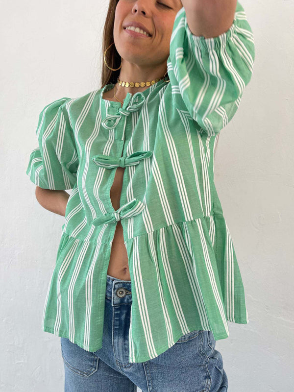 Blue Zone Planet | Lissa's striped lace mid-sleeve loose patchwork shirt BLUE ZONE PLANET