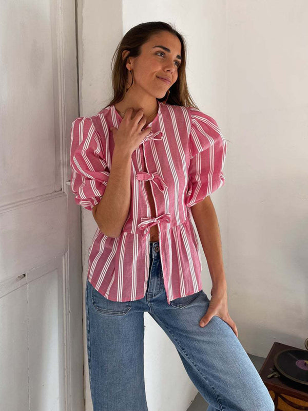 Blue Zone Planet | Lissa's striped lace mid-sleeve loose patchwork shirt BLUE ZONE PLANET