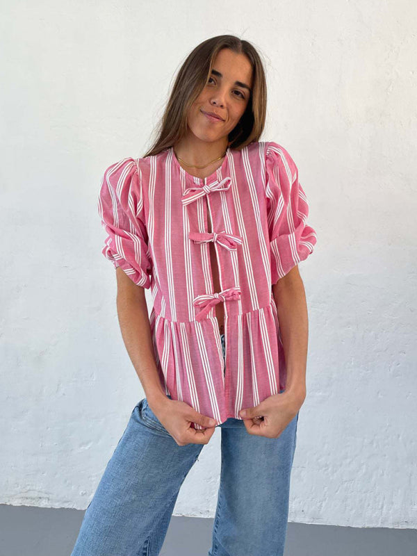 Blue Zone Planet | Lissa's striped lace mid-sleeve loose patchwork shirt BLUE ZONE PLANET