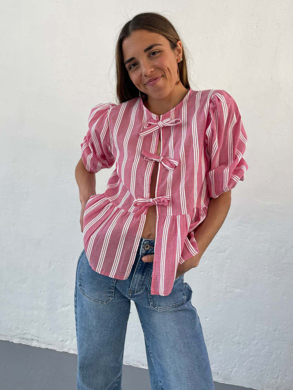 Blue Zone Planet | Lissa's striped lace mid-sleeve loose patchwork shirt BLUE ZONE PLANET