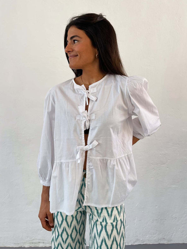 Blue Zone Planet | Lissa's striped lace mid-sleeve loose patchwork shirt BLUE ZONE PLANET