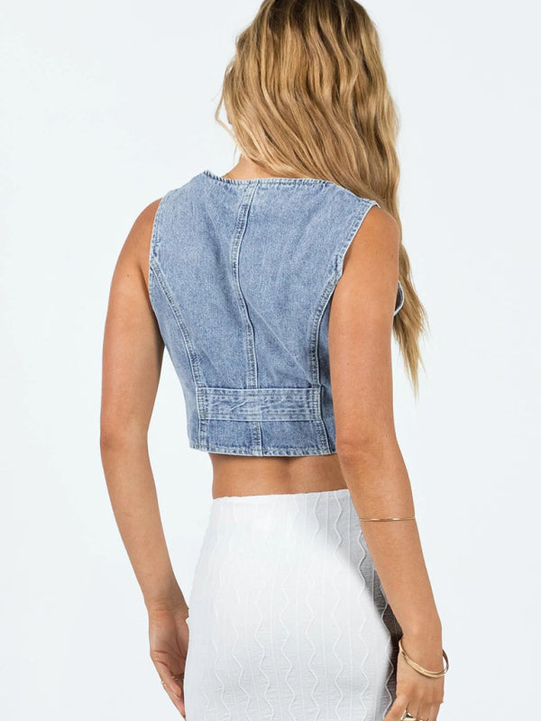 Blue Zone Planet | V-neck denim hot girl vest top BLUE ZONE PLANET