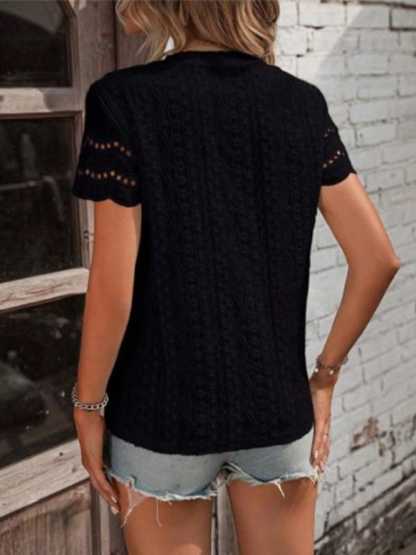 Blue Zone Planet | Pleated embroidered eyelets simple solid color V short-sleeved shirt BLUE ZONE PLANET