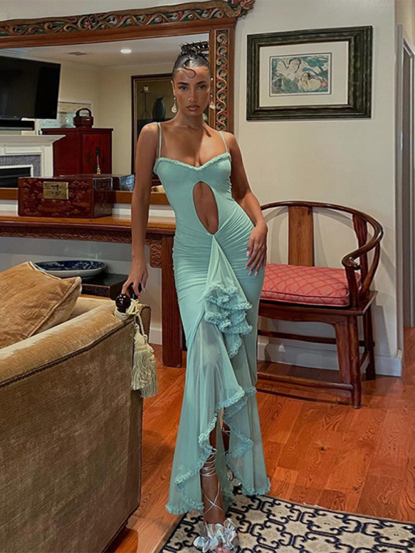 Blue Zone Planet | style hollow solid color slit irregular spaghetti strap dress BLUE ZONE PLANET