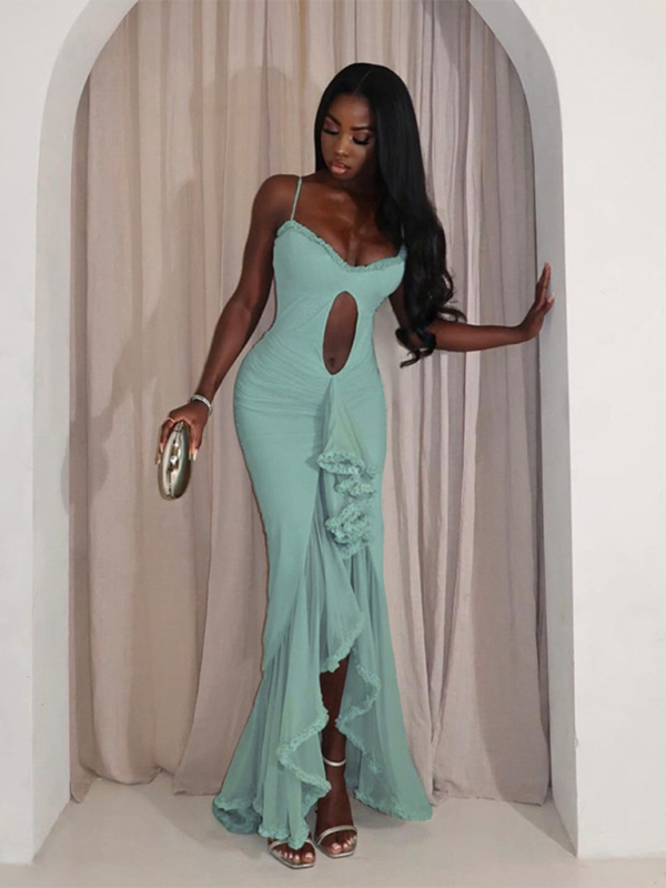 Blue Zone Planet | style hollow solid color slit irregular spaghetti strap dress BLUE ZONE PLANET