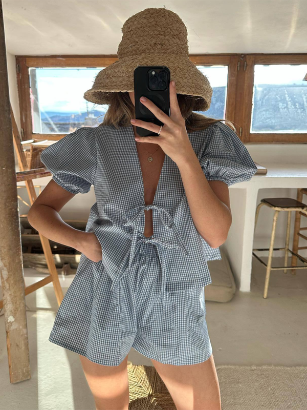 Blue Zone Planet | Plaid Striped Elastic Cuffs Tie Elastic Waist Shorts Set BLUE ZONE PLANET