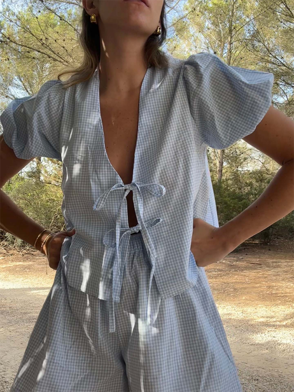 Blue Zone Planet | Plaid Striped Elastic Cuffs Tie Elastic Waist Shorts Set BLUE ZONE PLANET