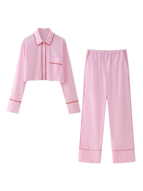 Blue Zone Planet | style lapel single-breasted pocket long-sleeved shirt contrast trim pants suit BLUE ZONE PLANET