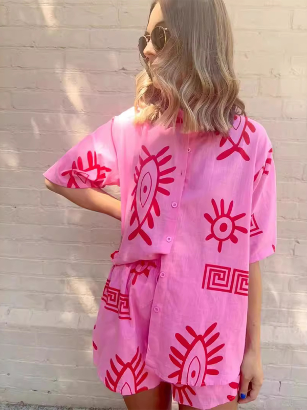 Blue Zone Planet | Printed Shirts Lounge Suits Printed Shorts Tie Elastic Two-piece Set BLUE ZONE PLANET