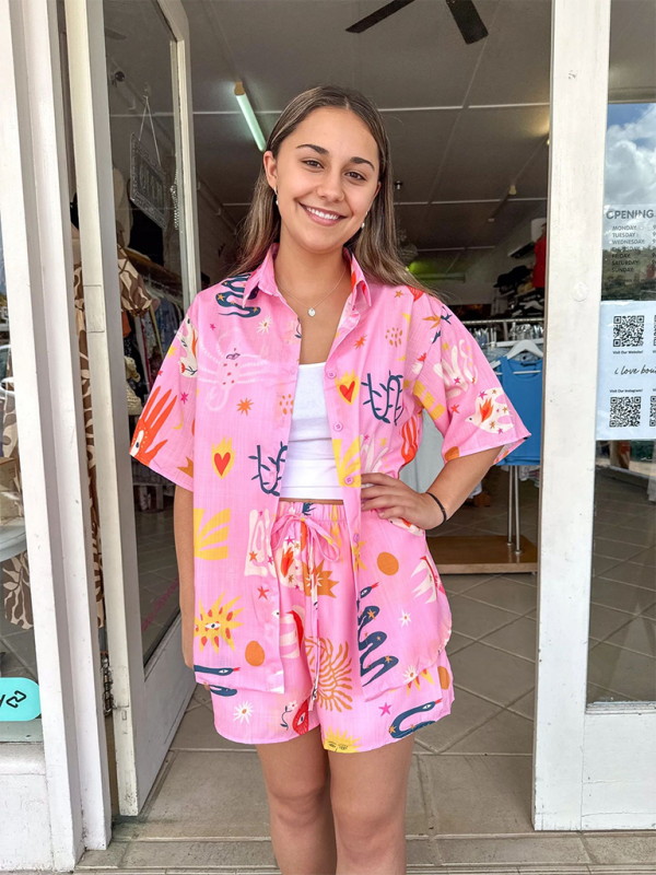 Blue Zone Planet | Printed Shirts Lounge Suits Printed Shorts Tie Elastic Two-piece Set BLUE ZONE PLANET
