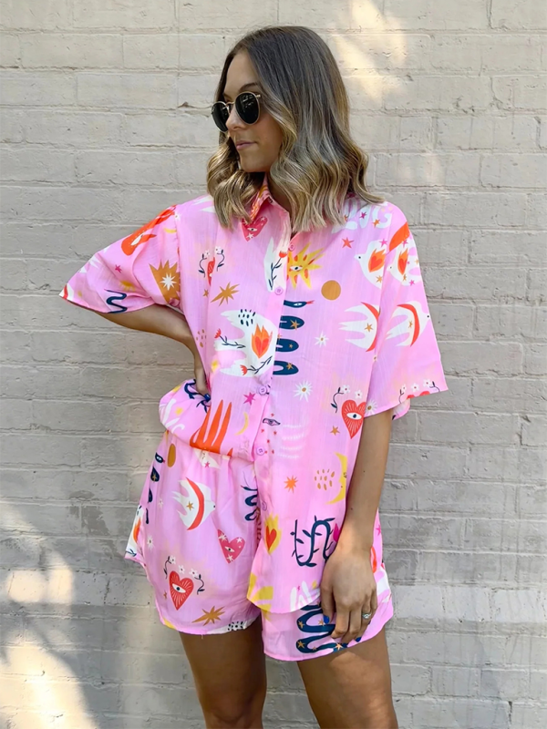 Blue Zone Planet | Printed Shirts Lounge Suits Printed Shorts Tie Elastic Two-piece Set BLUE ZONE PLANET