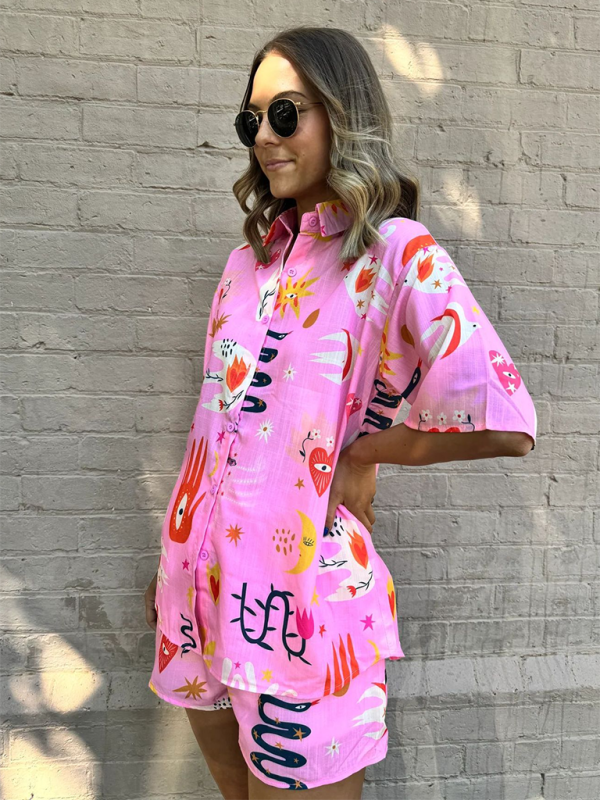 Blue Zone Planet | Printed Shirts Lounge Suits Printed Shorts Tie Elastic Two-piece Set BLUE ZONE PLANET