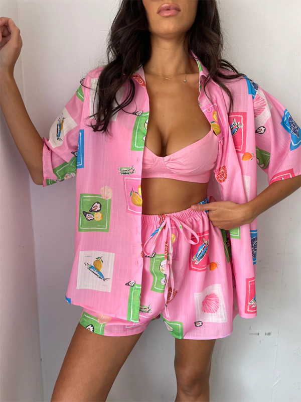 Blue Zone Planet | Printed Shirts Lounge Suits Printed Shorts Tie Elastic Two-piece Set BLUE ZONE PLANET