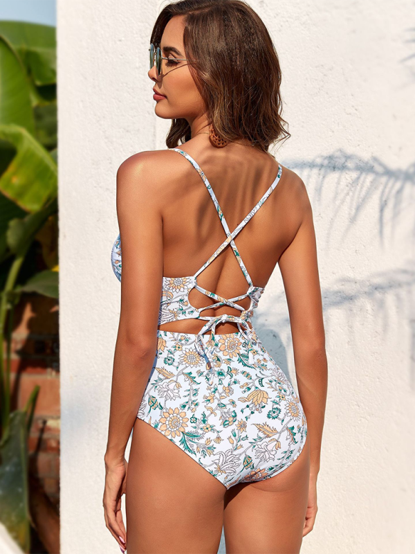 Blue Zone Planet | strappy printed smocked one-piece swimsuit (shawl not included) BLUE ZONE PLANET