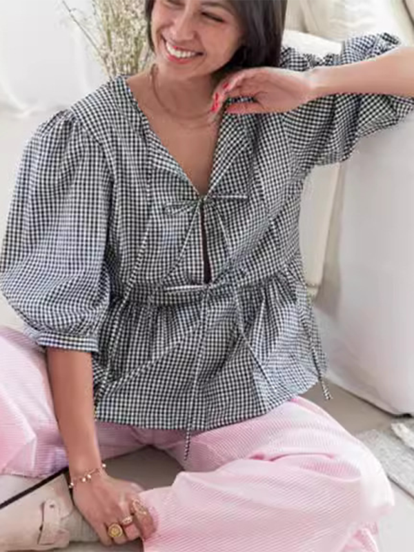 Blue Zone Planet | striped lace-up shirt tops BLUE ZONE PLANET