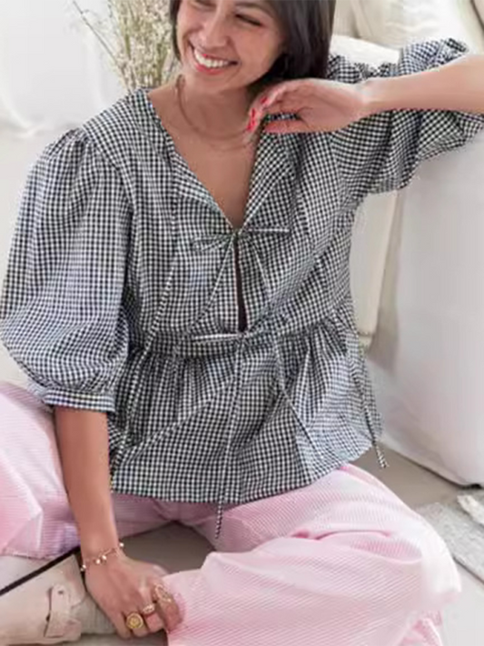 New women's fashion striped lace-up shirt tops