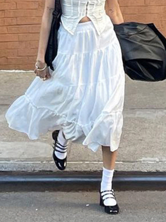 Literary retro gentle white splicing bohemian casual skirt