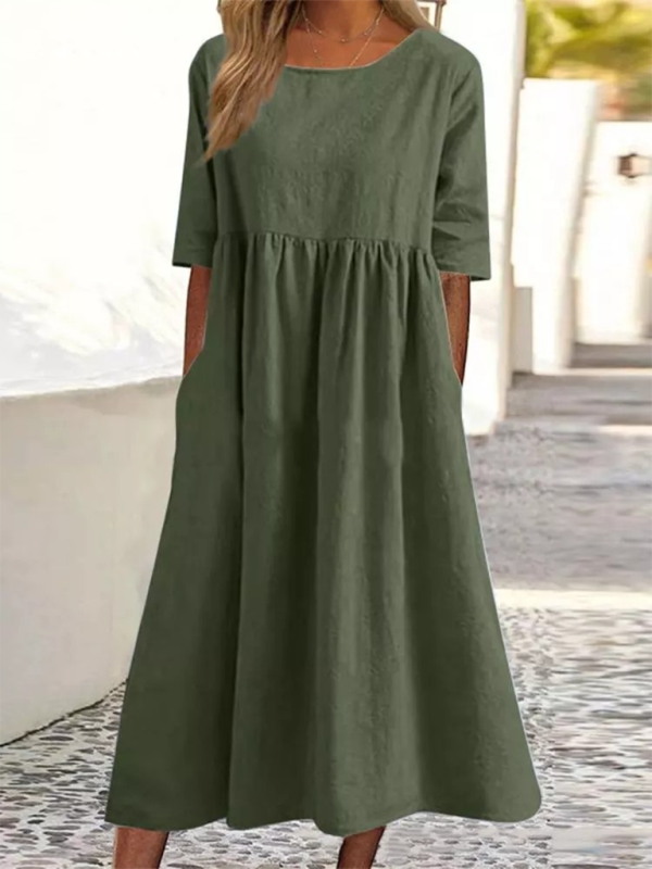 Blue Zone Planet | round neck 5-quarter sleeves large size loose long solid color dress BLUE ZONE PLANET