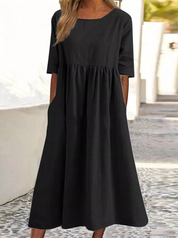 Blue Zone Planet | round neck 5-quarter sleeves large size loose long solid color dress BLUE ZONE PLANET