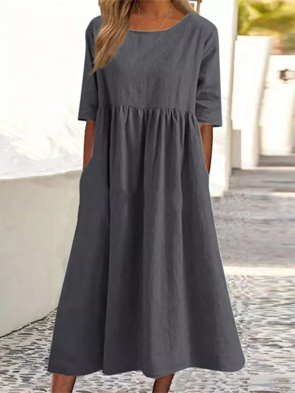 Blue Zone Planet | round neck 5-quarter sleeves large size loose long solid color dress BLUE ZONE PLANET